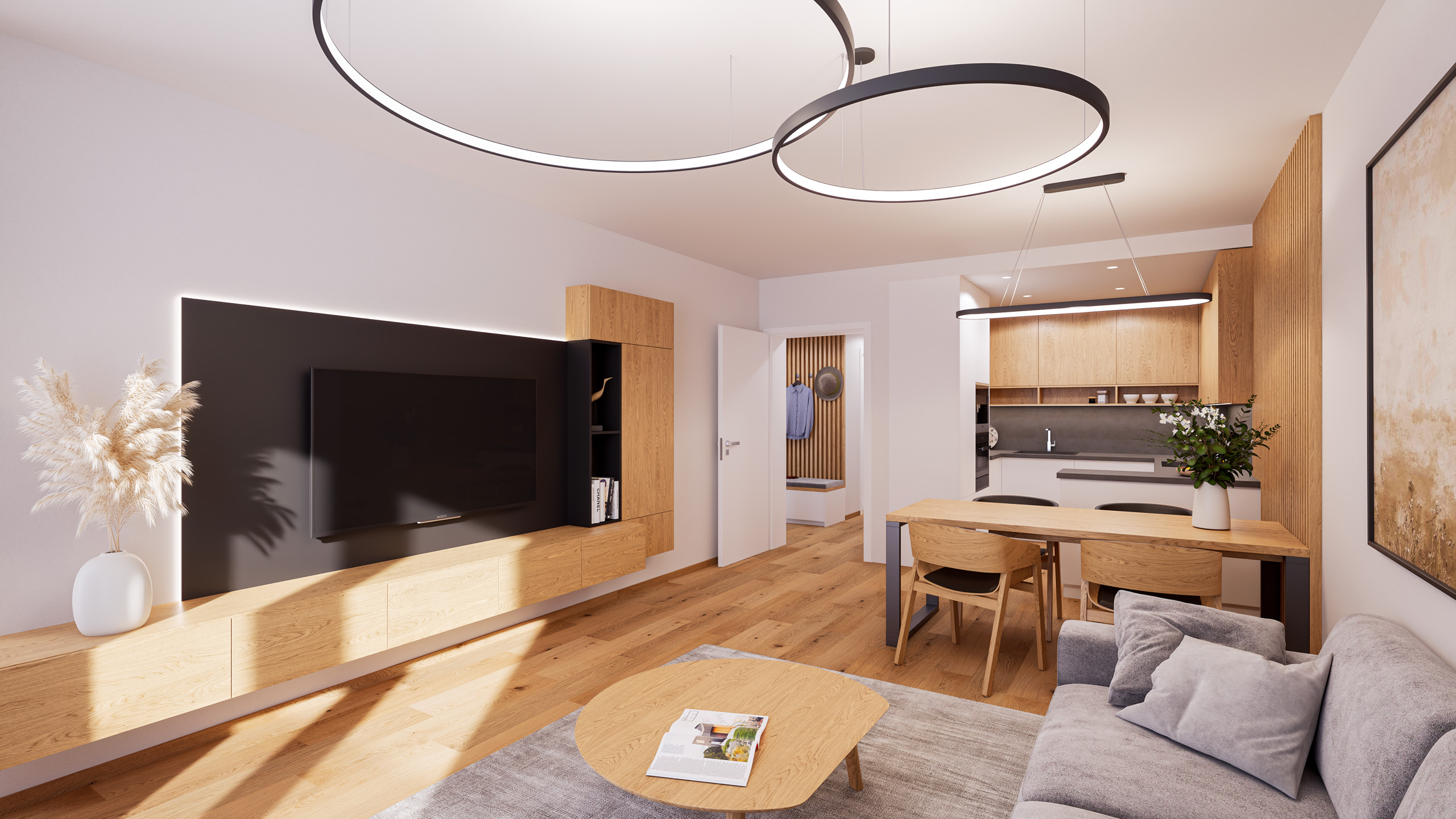 Byt projektu Delta s obývacou izbou a kuchyňou