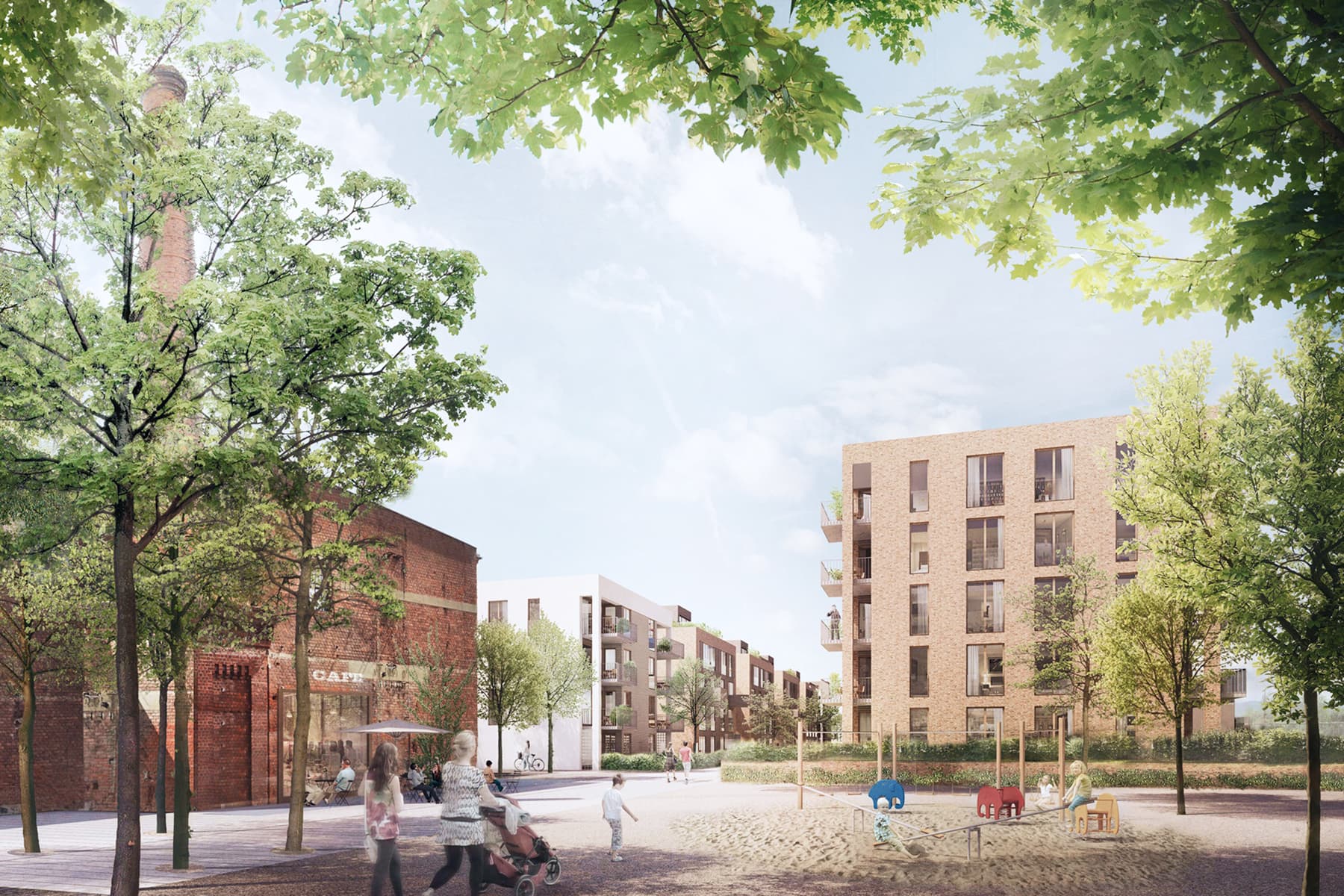 Rodinný park se stromy u bytového komplexu během jasného dne