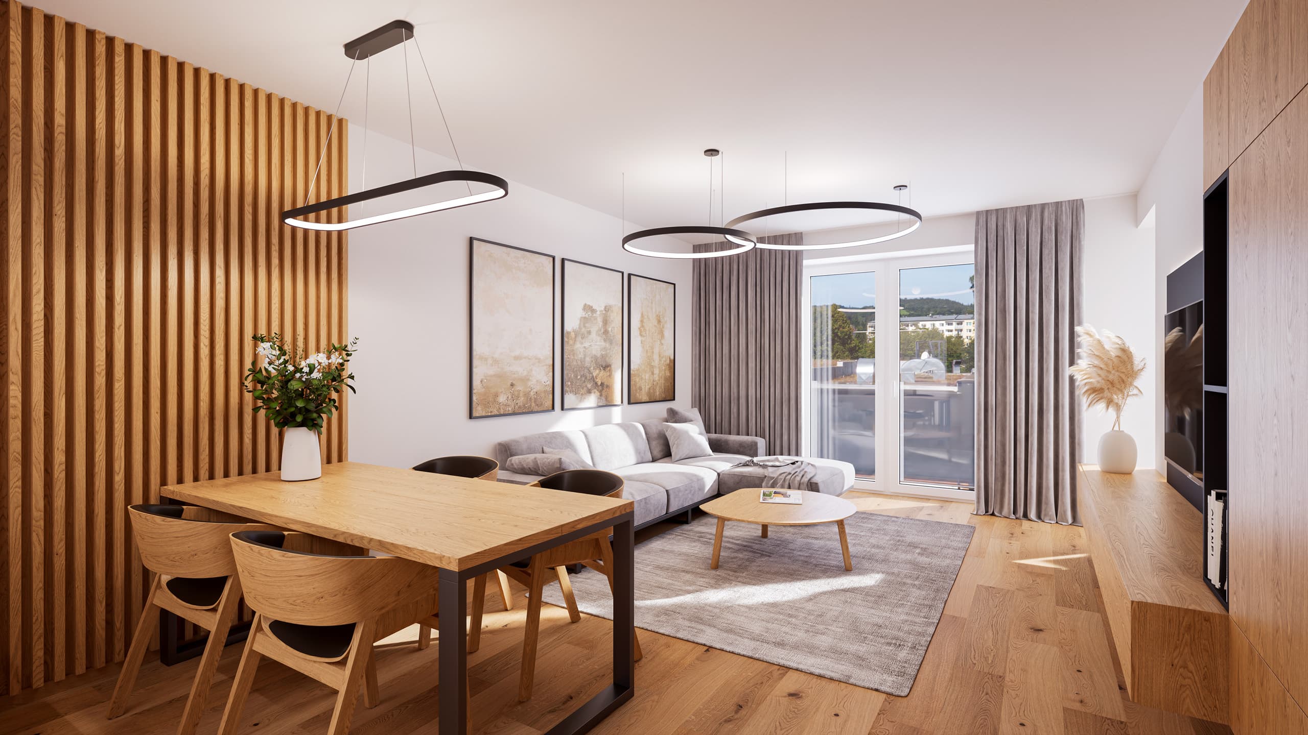 Pohled z kuchyně do obývacího pokoje s jídelním stolem